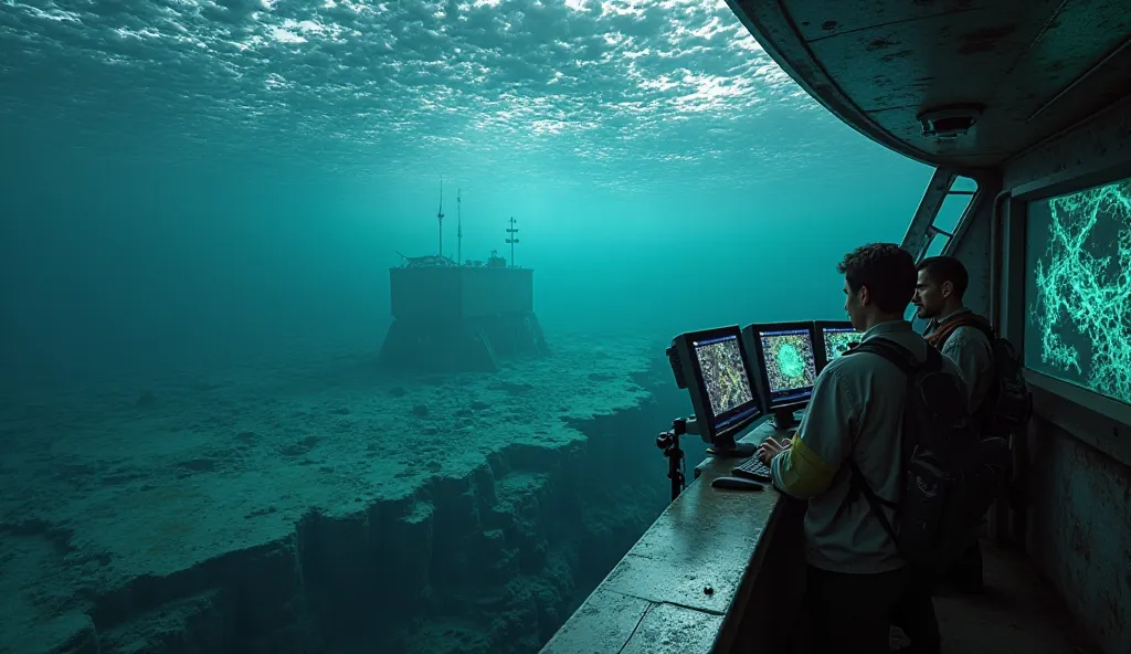 "Visualize a haunting and mysterious scene that captures the uncertainty surrounding the Lost City of Atlantis. On a state-of-the-art research vessel, a team of researchers gazes out over the vast, desolate ocean floor. Despite their cutting-edge technolog...