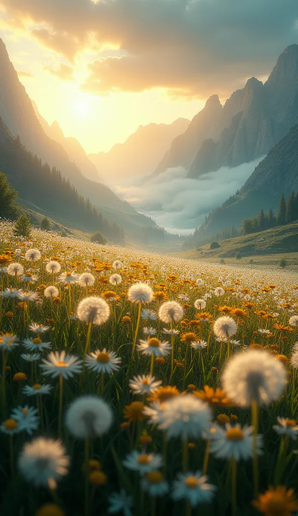 Envision a breathtaking, hyper-realistic landscape of an endless field teeming with 'Dandelion Flowers'—magical, luminescent blooms with petals that shimmer in iridescent hues of sage, sapphire, and gold. The flowers sway rhythmically, as if humming a sile...