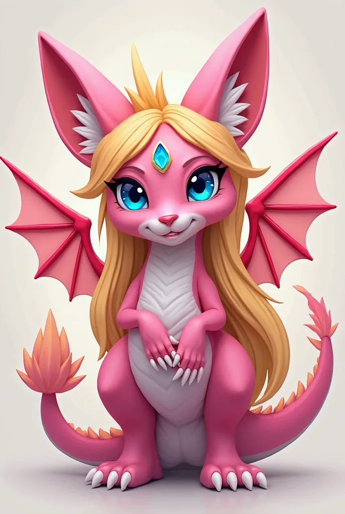 beast,long fluorescent pink hair, kind expression,Dinosaur mouth,Fox Ears,The ears are pink, blue eyes,long hair, yellow hair,Big Dragon Wings ,wings are pink,The wing curtain is light pink,Jewel on the forehead,long hair tail,White belly,White nails,The g...