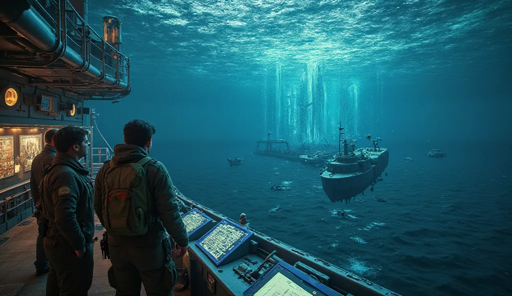  "Depict a high-stakes scene where a team of modern-day archaeologists and scientists are hunting for clues that could prove Atlantis was real. The scene takes place aboard a sophisticated research vessel, its deck filled with advanced sonar equipment, und...