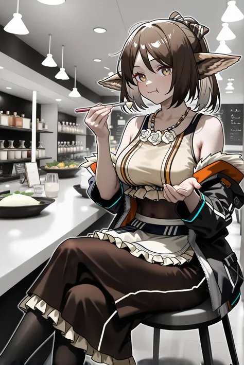 1female,(( upscale restaurants ))。open jacket, waist apron, perfumer, bare arms, bare shoulder, waist apron perfumer sp, pencil skirt, black pantyhose,, brown dress,((perfumer)),((perfumer_\(arknights\))), perfumer_\(arknights\)。, eating at a restaurant。cr...