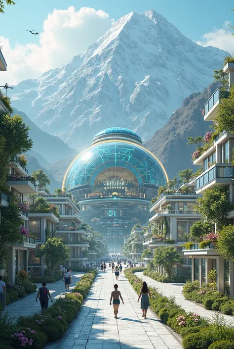 city of the future "Zenith " At the foot of the mountain**  
In the foreground are clean streets with **with robots** of different types: some carry goods on anti-gravity platforms, others water plants or scan infrastructure. Buildings made of glass and gl...