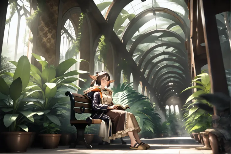 ,(large jungle-like botanical garden:1.5)(Lots of plants:1.3)(Benches and tables:1.2),A woman is sitting, Smile,,,,,, 1girl , Perfumer, brown dress, brown slippers, in a library, bookshelf, holding book,,((Perfumer)),((Perfumer_\(arknights\))), Perfumer_\(...