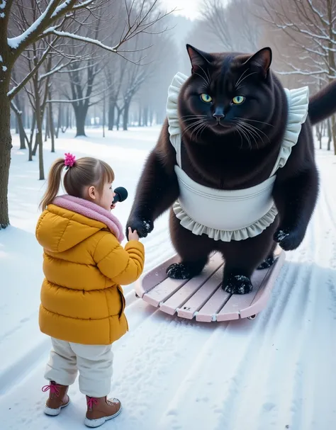 score_9,score_8_up,score_7_up,score_6_up,score_5_up,score_4_up,source_real photo,Ultra-realistic,Photorealistic,Ultra-realistic,Photorealistic,Dramatic Scene, Global Illumination, A huge black cat and a girl about are playing in the snow in a snow-covered ...