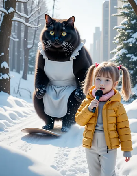 score_9,score_8_up,score_7_up,score_6_up,score_5_up,score_4_up,source_real photo,Ultra-realistic,Photorealistic,Ultra-realistic,Photorealistic,Dramatic Scene, Global Illumination, A huge black cat and a girl about are playing in the snow in a snow-covered ...