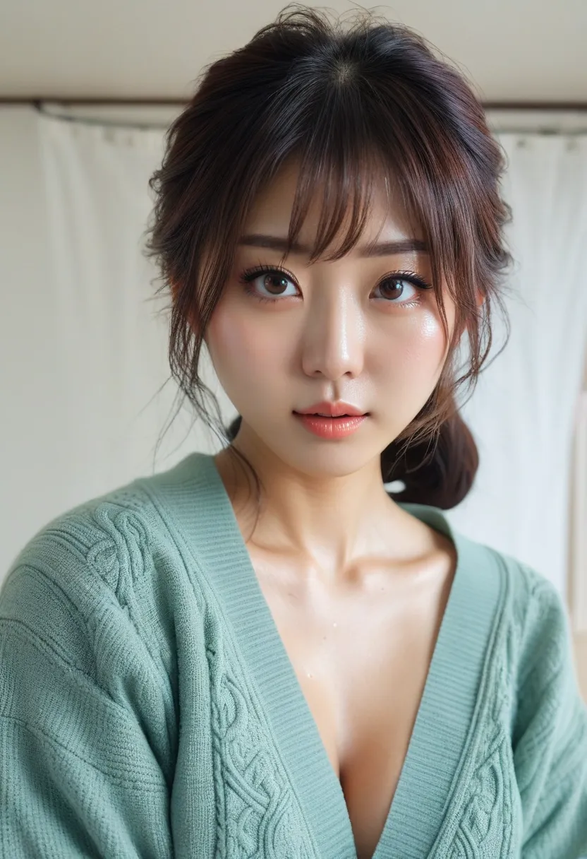  Beautiful Japanese Actress、 1 girl,bangs、award winning pictures , very well detailed, focus on your face ,  big double eyes( Real Face ), 1、bangs、 shiny skin、((( face up)))、Realistic nostrils、 bedroom,　squats、(( random color open cardigan))、 Big Breasts 、...