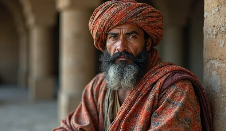 "A man, dressed in worn but beautiful traditional Arabic attire, with a lightly flecked white and black beard, and an Arabic headscarf wrapped around his head, is present."