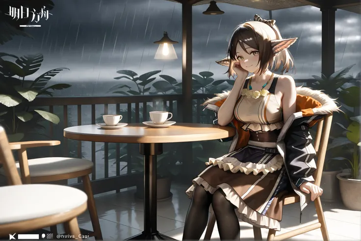 1femal,solo,,((whole body))。open jacket, waist apron, perfumer, bare arms, bare shoulder, waist apron perfumer sp, pencil skirt, black pantyhose,, brown dress,,(((perfumer_\(arknights\)))),,, morning cafe ,storm,Houseplants,heavy rain, cafe table,Outdoor t...