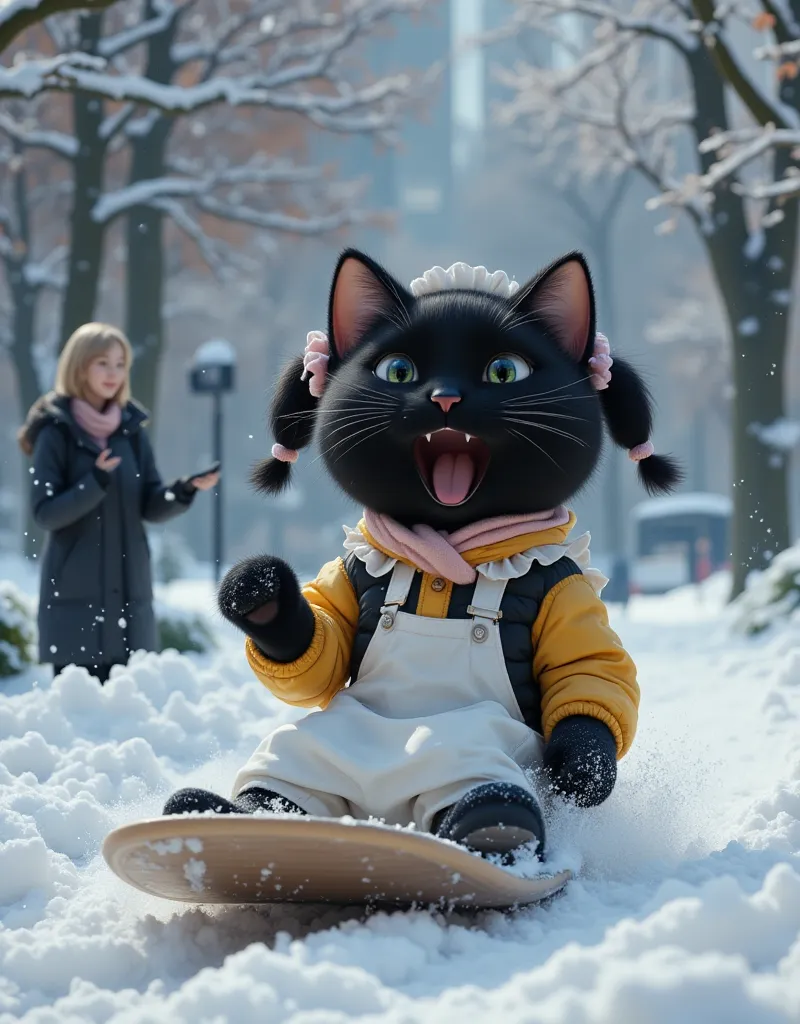 score_9,score_8_up,score_7_up,score_6_up,score_5_up,score_4_up,source_real photo,Ultra-realistic,Photorealistic,Ultra-realistic,Photorealistic,Dramatic Scene, Global Illumination, A huge black cat and a girl about are playing in the snow in a snow-covered ...