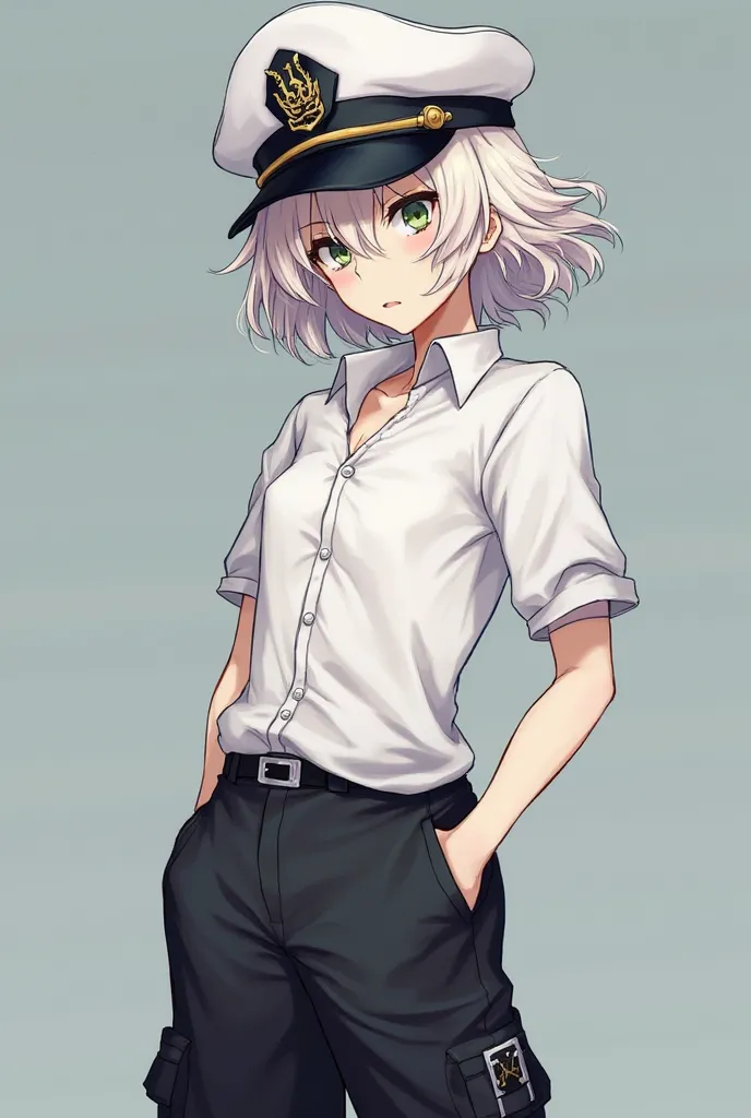 He's an anime guy wearing a white captain hat. Wear black baggy pants, white skulls, and a white shirt. And standing in the anime is a woman wearing a white hat. Captain Hat with Hair Home Cut Lace Bonnet Hair White