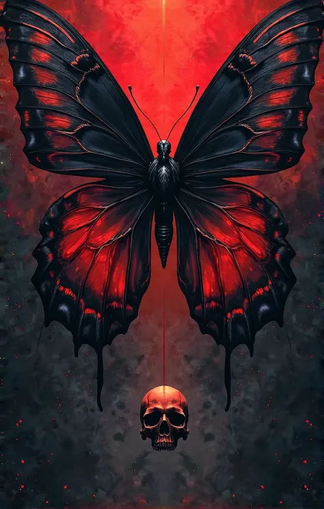 CReate a book cover that have a big butterfly and small skull behind it. The butterfly is black and red and the background is red and black make it dangerous ans mysterious