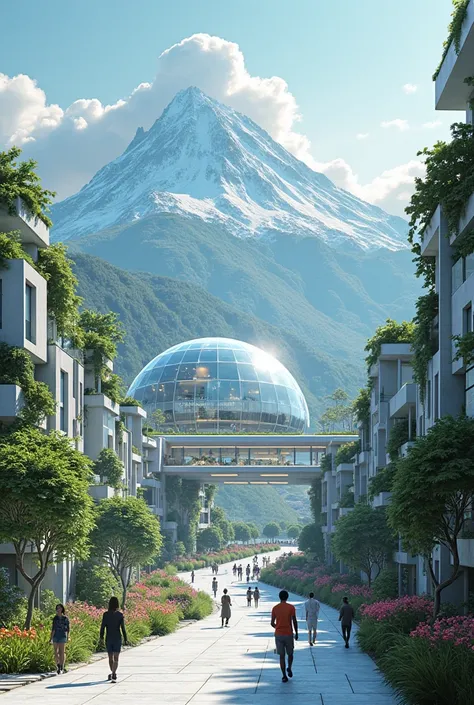 city of the future "Zenith " At the foot of the mountain**  
In the foreground are clean streets with **with robots** of different types: some carry goods on anti-gravity platforms, others water plants or scan infrastructure. Buildings made of glass and gl...