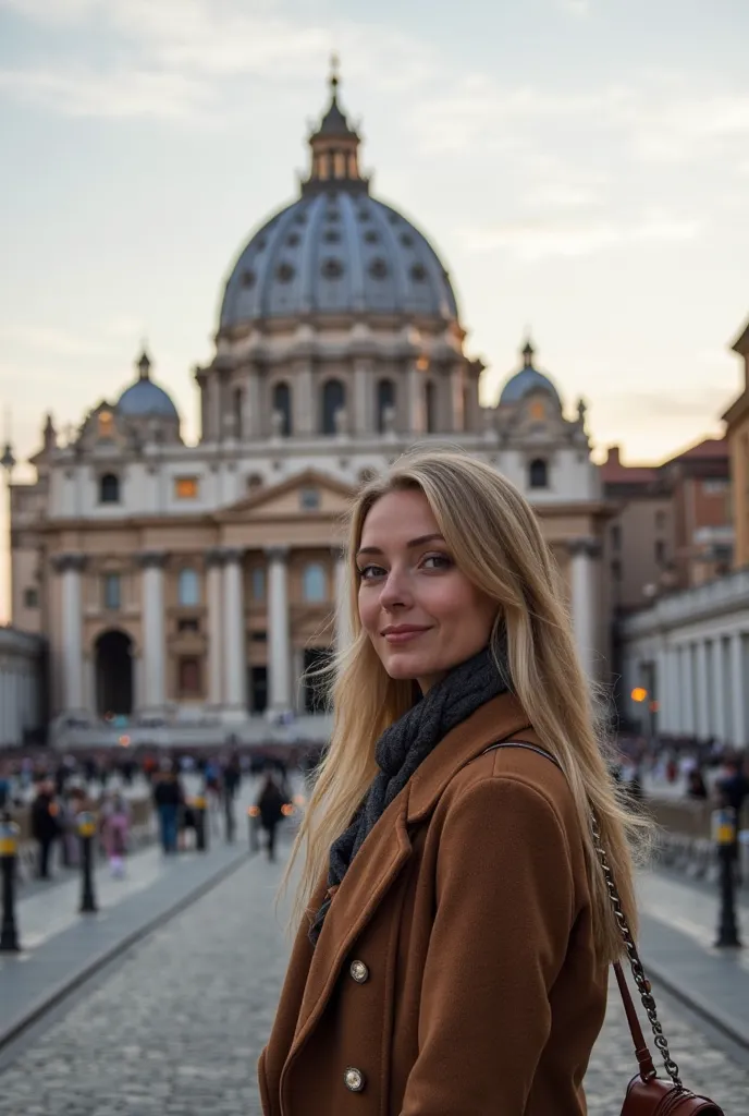 Take an image for the telegram channel about Catholicism with the inscription below for a Belarusian woman with St. Peter's Basilica in Rome in the background and without a person in the background of the cathedral