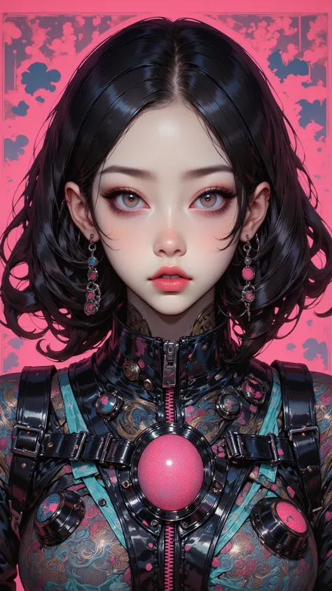 A beautiful Japanese girl，A realistic and photo-realistic image，depicts a highly detailed textured photograph，showing a miracle And the colorful fabric is incorporated with a zipper、button、Seam、Stitched Detailed Latex Dress。A combination of punk and futuri...