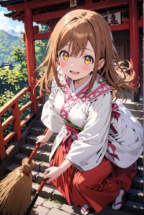 Hanamaru Kunikida,  long hair, bangs, brown hair, yellow eyes all the way to the tip,smile,blush,opens her mouth, shrine maiden costume, white kimono , white socks,Sandals,Red Hakama,holding the broom grip with both hands,I'm cleaning the stairs with a bro...