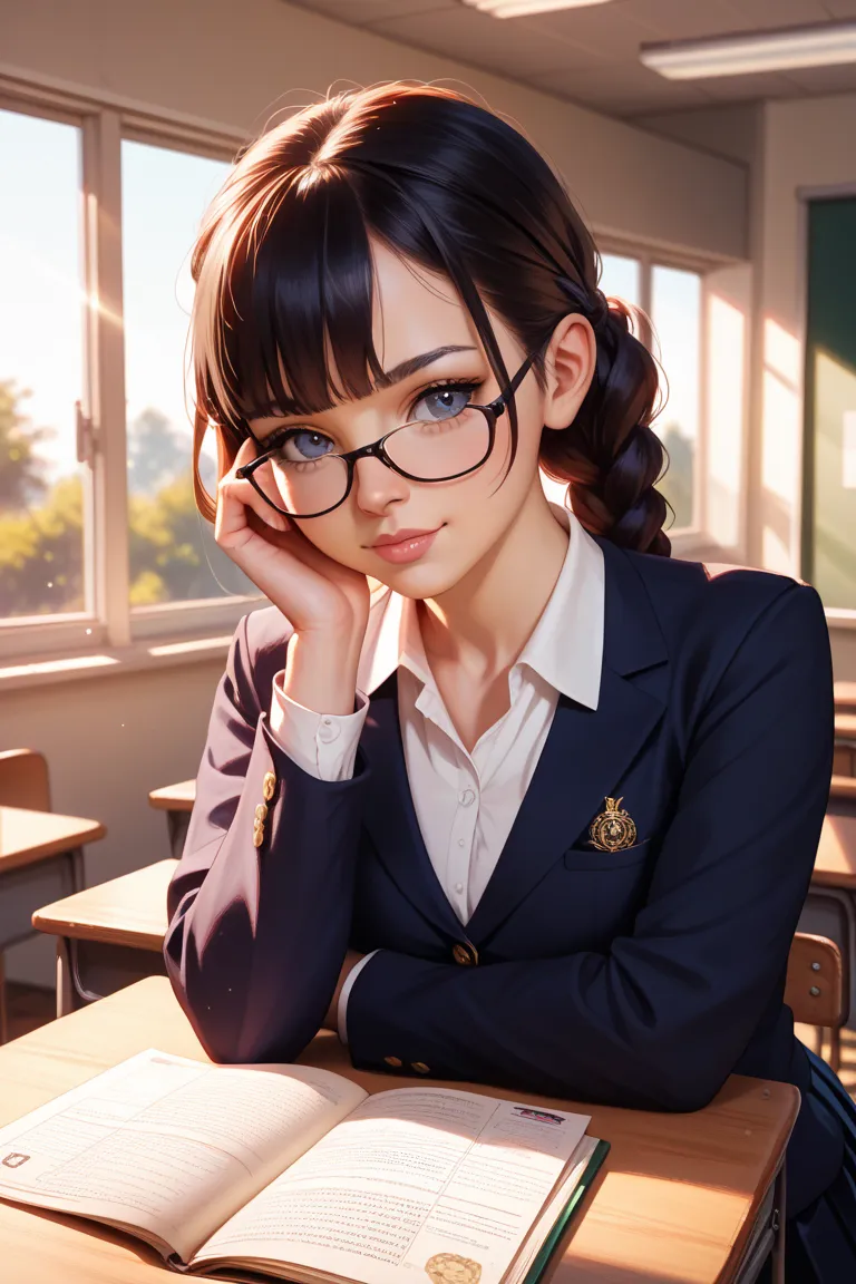 sex　glasses　 braids　 black hair　high school girl　classroom　