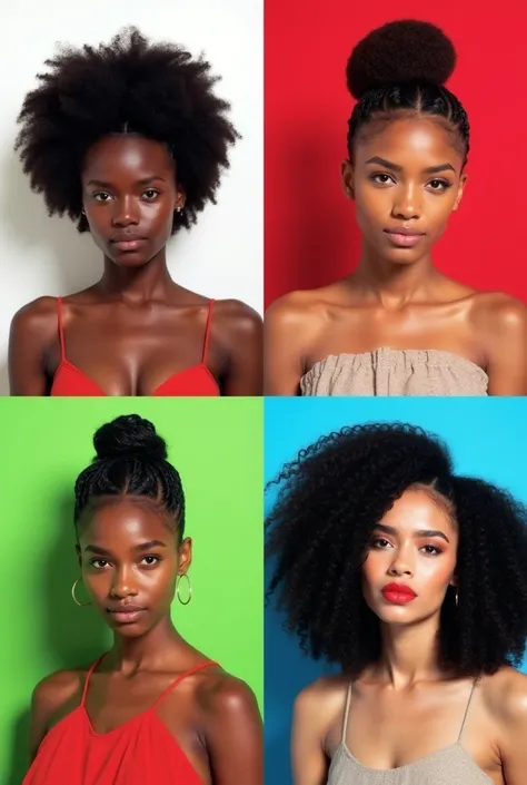 This image is a collage of four photos arranged in a 2x2 grid. 1. The top left, white background, Half-up half-down hairstyle with curls. 2. The top right, red background, Braided crown with a bohemian vibe. 3. The bottom left, green background, Pixie cut ...