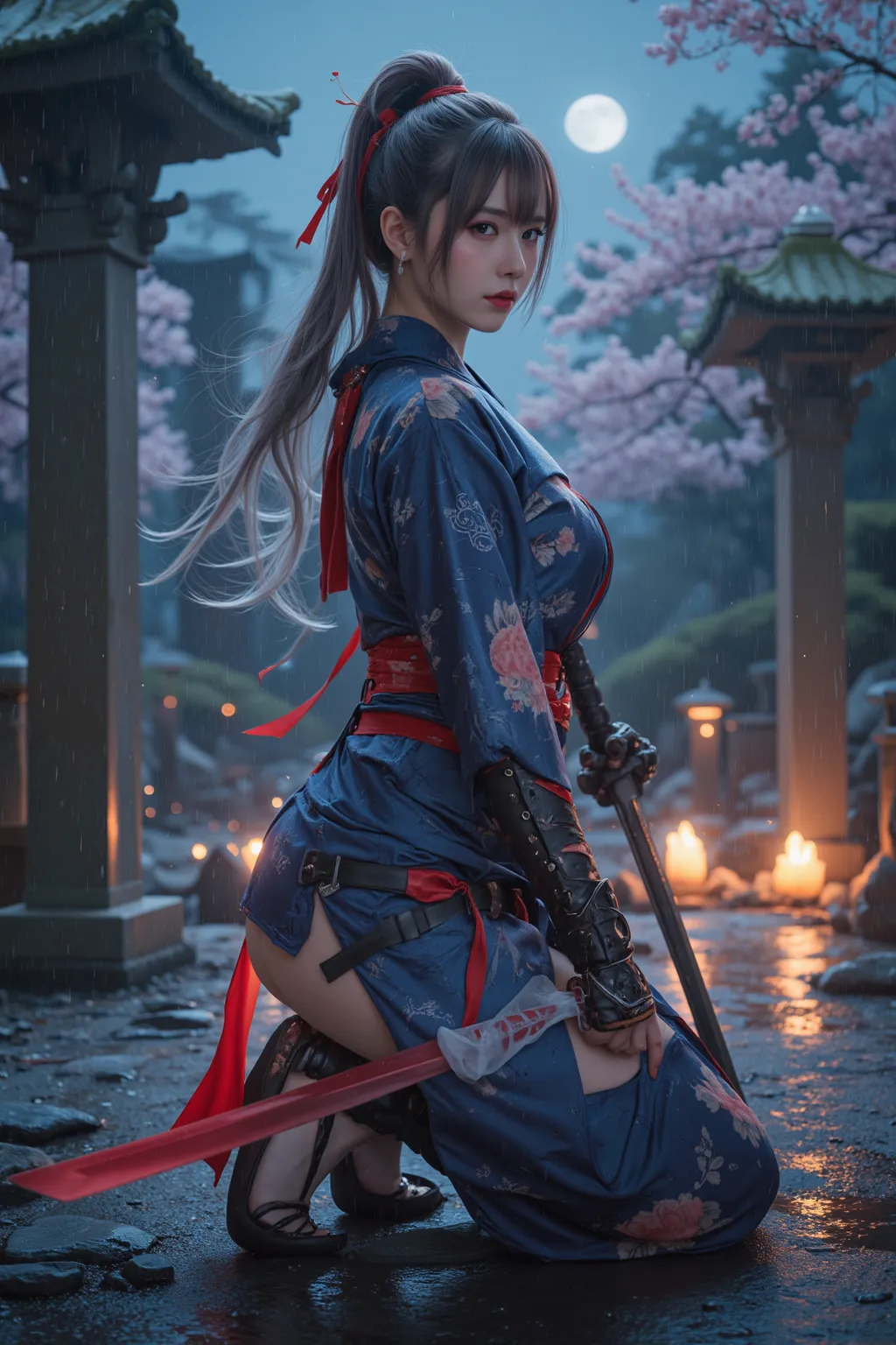 A breathtakingly beautiful female warrior kneels in a fluid, low sword stance, her body forming elegant, flowing curves. She wears a seamless fusion of a traditional kimono and an advanced combat suit, where delicate silk patterns blend with battle-worn ar...