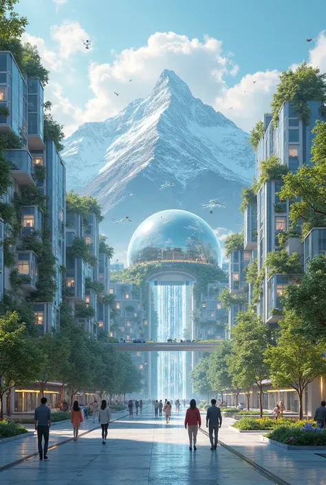 city of the future "Zenith " At the foot of the mountain**  
In the foreground are clean streets with **with robots** of different types: some carry goods on anti-gravity platforms, others water plants or scan infrastructure. Buildings made of glass and gl...