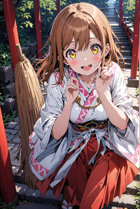 Hanamaru Kunikida,  long hair, bangs, brown hair, yellow eyes all the way to the tip,smile,blush,opens her mouth, shrine maiden costume, white kimono , white socks,Sandals,Red Hakama,holding the broom grip with both hands,I'm cleaning the stairs with a bro...