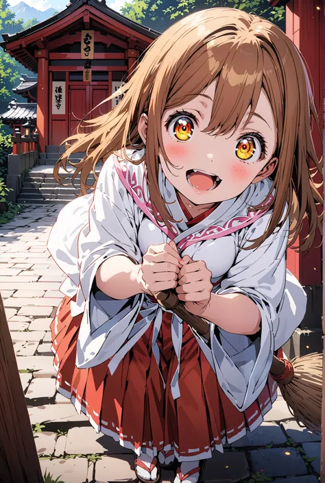 Hanamaru Kunikida,  long hair, bangs, brown hair, yellow eyes all the way to the tip,smile,blush,opens her mouth, shrine maiden costume, white kimono , white socks,Sandals,Red Hakama,holding the broom grip with both hands,I'm cleaning the stairs with a bro...