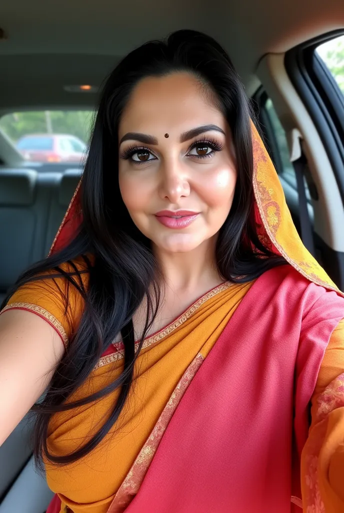 


 ((32K, top-quality:1.5, masterpiece, A high resolution, Photorealsitic)), A beautiful young Pakistan's chubby,40 years old , bindi and light lips woman wearing saree and pallu on head, saree on head, ghoonghat
Taking candid selfie in car, black thick H...