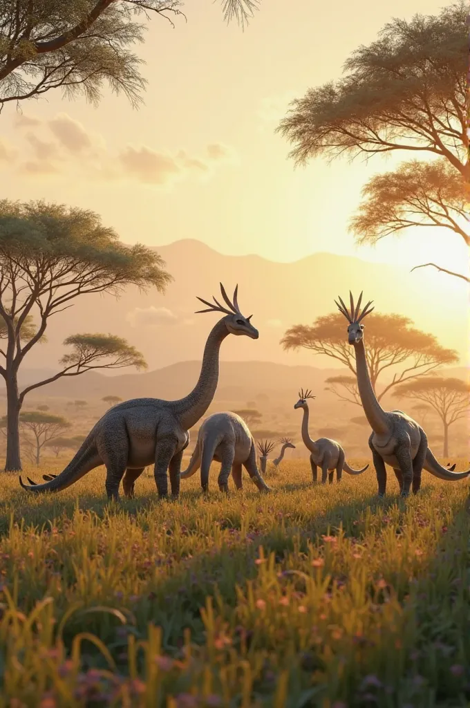 a savanna in the afternoon, and from a distance a group of parasaurolophus are seen gathering