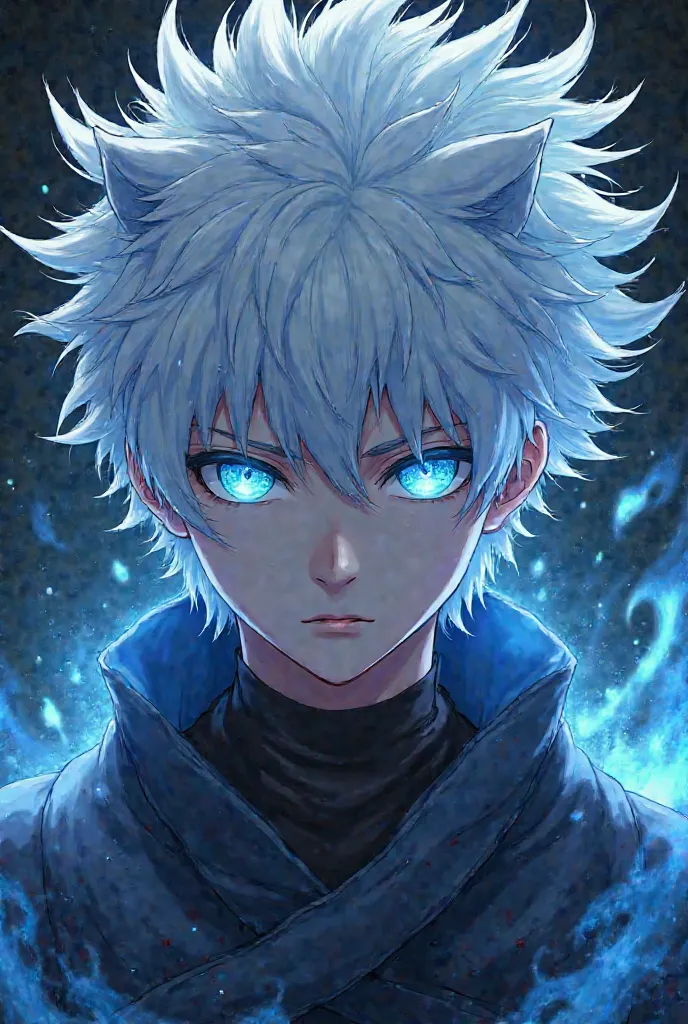 Anime boys white wolf cut hair with blue glowing eyes make it look like solo leveling