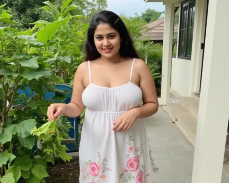 kerala female reshma. Reshma is curvy  shaped.reshma is average sized body. perfectly fit body figure with milf breast and indian fair skin tone and black hair.wearing dark florals printed white soft transparent night gown in outdoor.watering plants in out...