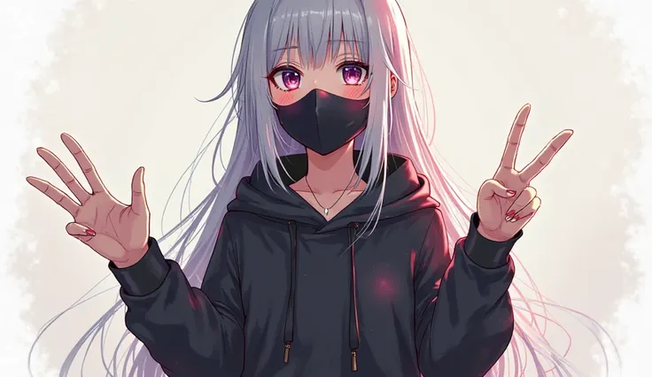 Create an anime-friendly looking girl character who appears beautiful and pretty, with a captivating and gentle expression. She is wearing a black face mask and a black hoodie, which adds to her stylish and mysterious appearance. Her body is visible down t...