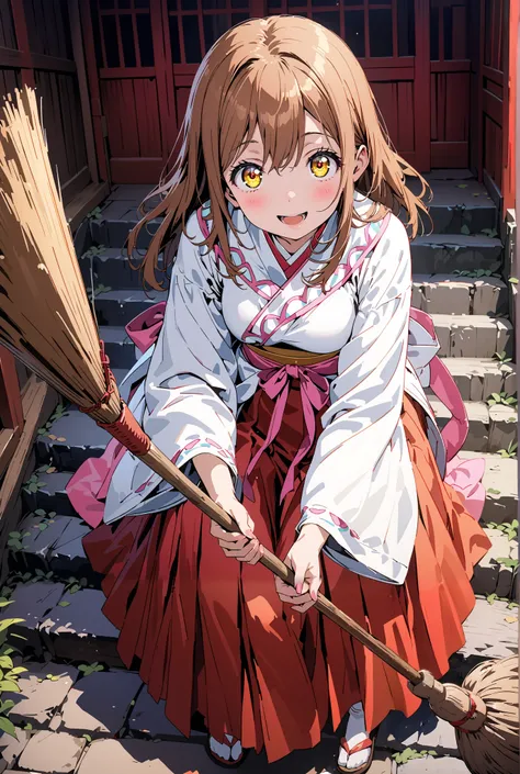 Hanamaru Kunikida,  long hair, bangs, brown hair, yellow eyes all the way to the tip,smile,blush,opens her mouth, shrine maiden costume, white kimono , white socks,Sandals,Red Hakama,holding the broom grip with both hands,I'm cleaning the stairs with a bro...