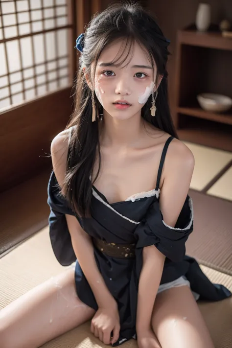 Height 1３5ｃｍ、twin tails、Age 15, middle school student、 Lori 、8K image、On a futon in a Japanese-style room at a ryokan、（(Spray a large amount of realistic semen on your face:1.3))、、(Open your chest with a kimono:1.3)、 emphasizes cleavage、（(spread legs:1.9))...