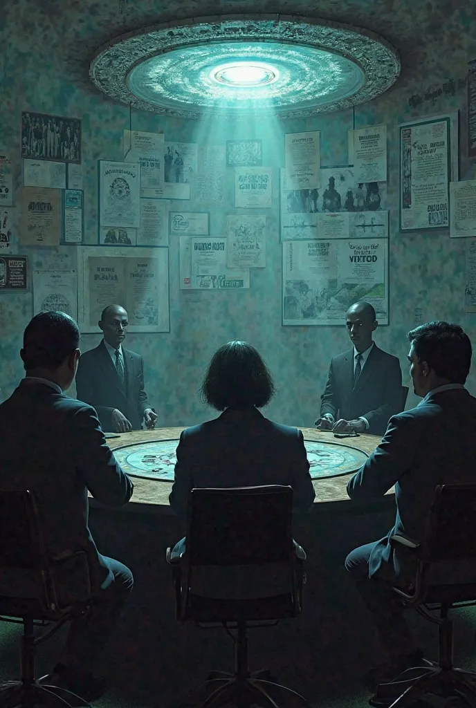 The Game of Control"
🔹  Description : Silhouettes of shady figures in front of a strategy table, with graphics showing the impact of disinformation.
📌  Justification : Represent hidden interests in manipulating the UFO phenomenon.