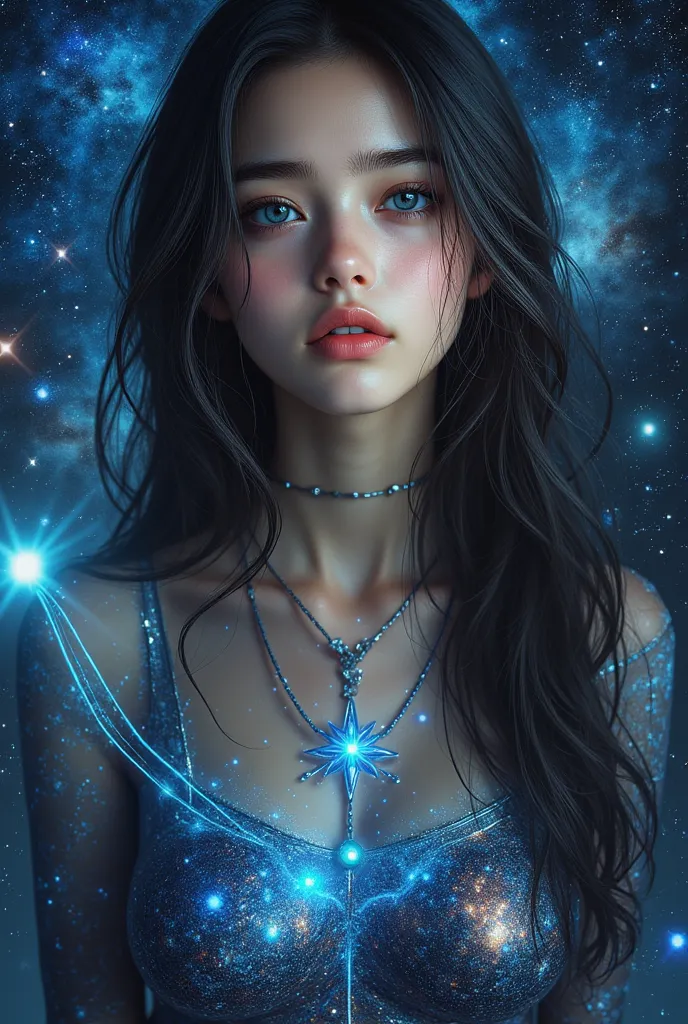 ((surrealism)), ((top quality、 Masterpiece、High sensitivity、 high resolution、 detailed depiction of up to the front door、 depicting a delicate face)) a goddess, long hair, pretty face features with striking beautiful blue eyes, looking at viewer, perfect s...