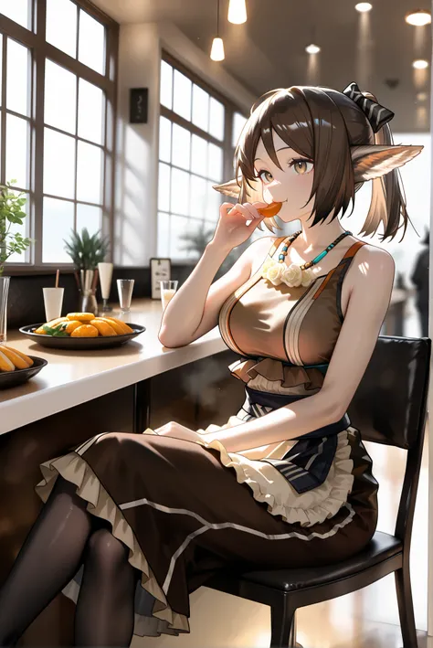 1female,(( upscale restaurants ))。open jacket, waist apron, perfumer, bare arms, bare shoulder, waist apron perfumer sp, pencil skirt, black pantyhose,, brown dress,((perfumer)),((perfumer_\(arknights\))), perfumer_\(arknights\)。, eating at a restaurant。cr...
