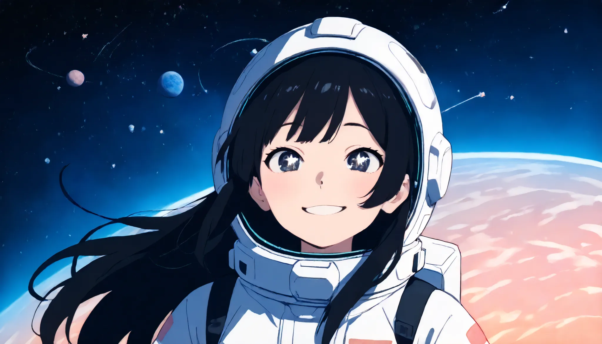 (masterpiece, best quality, illustration), anime girl, cute, solo, astronaut suit, spacesuit, helmet off, black hair, long hair, smiling, gentle smile, soft smile, detailed eyes, detailed face, floating in space, space background, stars, planets, flat skin...