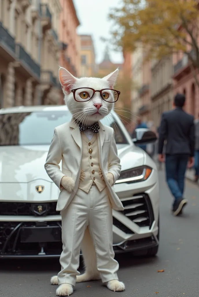 A  white cat dressed with a luxury suites and an eye glass standing in front of his fully captured Lamborghini urus of car smiling outside on the streets with people near the car looking at him and the car