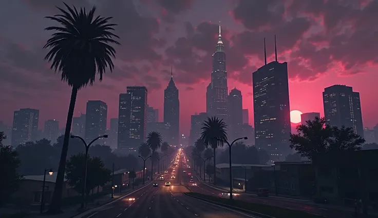 Je veux une ville, celle de Los Santos dans gta5. On y apercoit juste la silhouette des batiments noir intense. Le coucher de soleil est gris et l'atmosphère est gris. Il y'a quelques effets violets et on y apercoit en contreplongée un palmier noir
