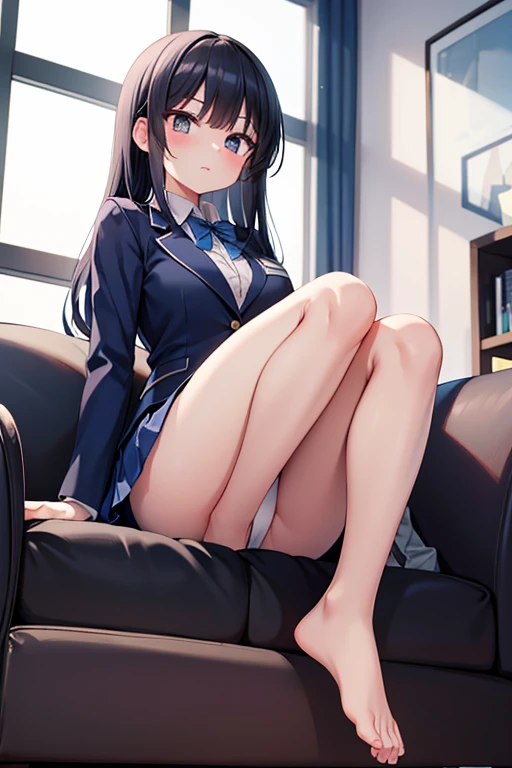 Height: 160cm　uniform　navy blue blazer　navy blue mini skirt　 black hair　straight hair that shrinks pupils　sitting on the couch　sitting on tiptoe　Knees raised high　white panties visible