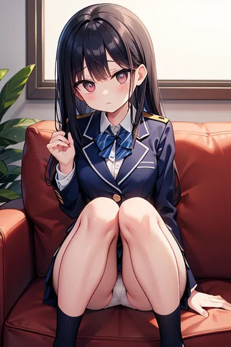 Height: 160cm　uniform　navy blue blazer　navy blue mini skirt　 black hair　straight hair that shrinks pupils　sitting on the couch　sitting on tiptoe　Knees raised high　white panties visible