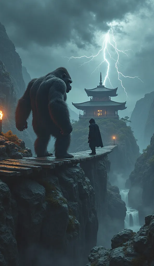 A powerful gorilla and a skilled ninja stand face to face, tension thick in the air, high atop a stormy mountain temple. Dark clouds swirl above, flashes of lightning illuminating the scene, with distant thunder rumbling across the sky. The wooden bridge l...