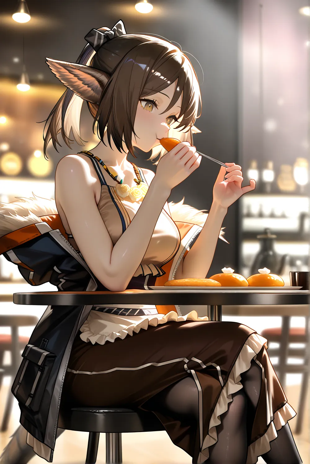 1female,(( upscale restaurants ))。open jacket, waist apron, perfumer, bare arms, bare shoulder, waist apron perfumer sp, pencil skirt, black pantyhose,, brown dress,((perfumer)),((perfumer_\(arknights\))), perfumer_\(arknights\)。, eating at a restaurant。cr...