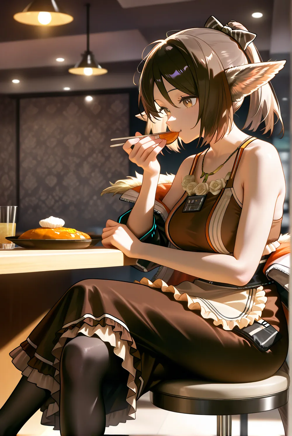 1female,(( upscale restaurants ))。open jacket, waist apron, perfumer, bare arms, bare shoulder, waist apron perfumer sp, pencil skirt, black pantyhose,, brown dress,((perfumer)),((perfumer_\(arknights\))), perfumer_\(arknights\)。, eating at a restaurant。cr...