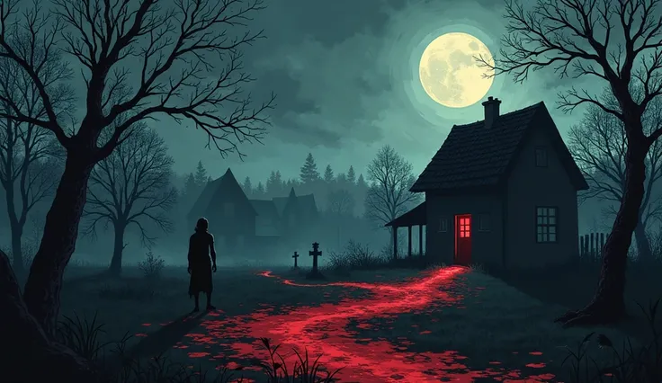 The eerie village setting with abandoned houses
The grandmother's house with the circle of cemetery soil around it
The grandmother figure depicted with a dual nature - her elderly form with the signature red lipstick, and a shadowy younger form suggesting ...