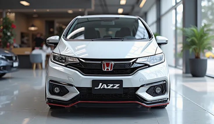 Create a 3d rendering (Honda jazz) review car design 2025  (Honda jazz) “(white) colour with a “( front bumper ) ” logo on safed. “( front bumper)  on its  safed end look. and Headlights“in pure glossy black with ultra detailed glossy shining image capture...