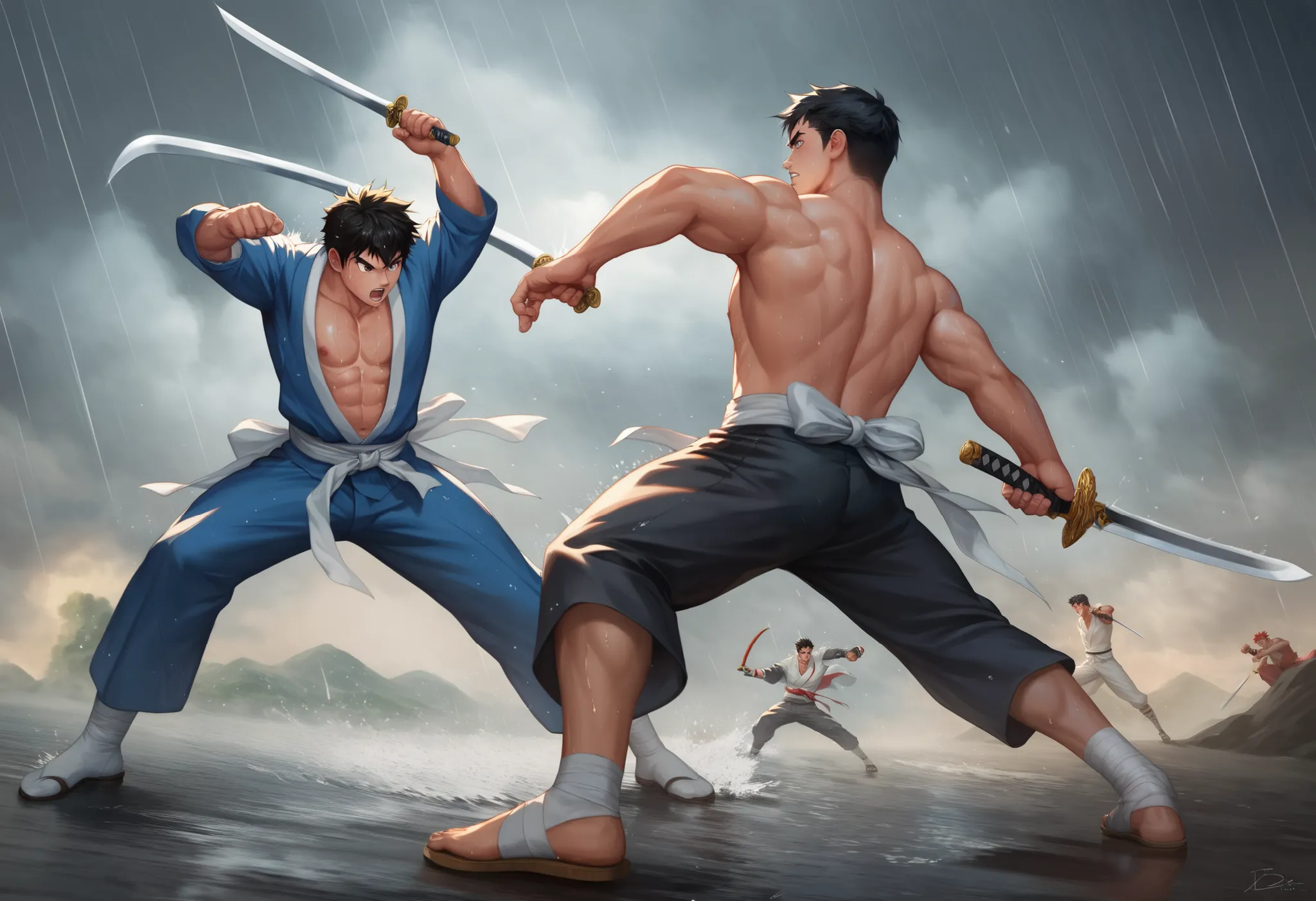 picture of two men fighting in the rain, Samurai Duel, sword fighting ,  fight scene, sword fighting ing,  Inspired by Fu Baoshi  , Martial Arts, people fighting in the distance,  canvas painting , Rob Ray and Kentaro Miura style, ,  samurai style ,  inspi...