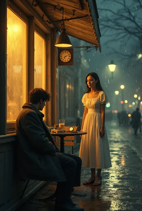 "A small café on a quiet street at night, illuminated by warm yellow lights reflecting on the foggy glass windows. A young man with dark hair, wearing a thick coat, sits alone by the window with an antique pocket watch on the table. Outside, light rain dri...