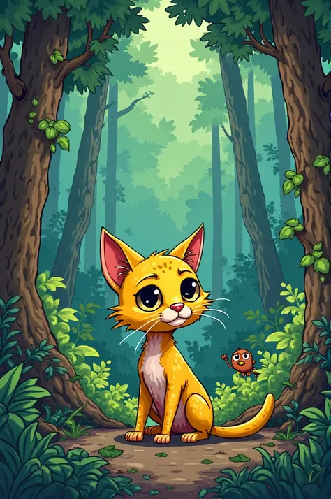 picture of a yellow cat in the middle of the forest in the form of a cartoon. starving wild cat 