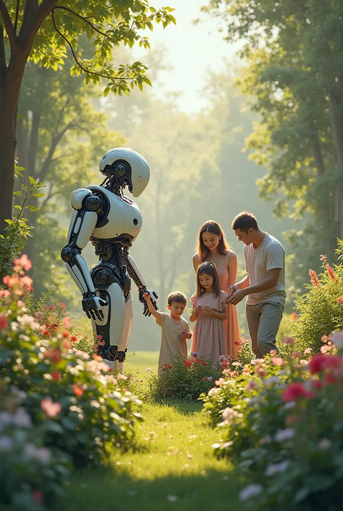 Robot helping family to take care of their ren in the garden 