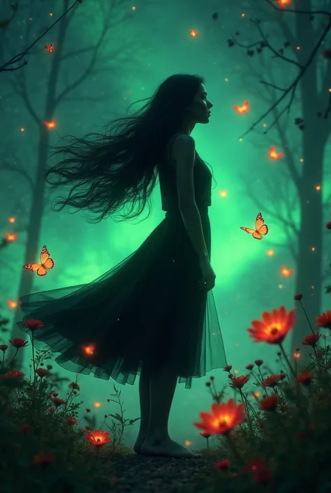 masterpiece, high quality, photorealistic, hyper-detailed, 8K resolution, abstract composition, 1girl, centered, side view, black silhouette of a girl, (long flowy hair:1.2), flowy skirt, green forest background, ((dynamic pose)), ((flowers)), ((glowing bu...